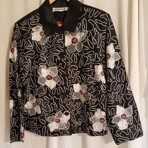 Vintage Anage 100% Silk Embroidered Beaded Jacket Black Pink‎ Floral Size Med
